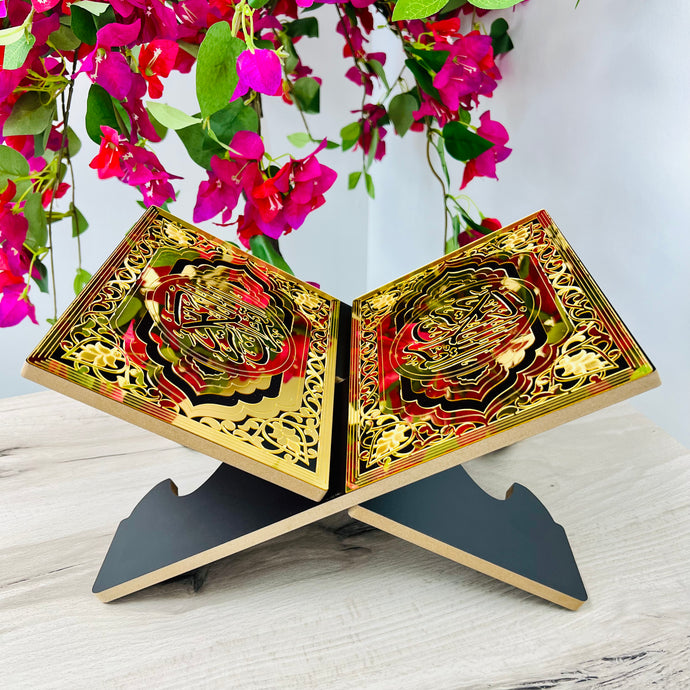 Quran Holder Luxury Case – Premium Decorative Islamic Book Stand with Gold Foil Embossing, Folding Design for Quran Display & Storage – Ideal Gift for Ramadan, Eid & Special Occasions