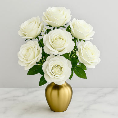 Artificial Roses Flower Bunch Flowers Bouquet White Velvet Roses 7 Heads Flower Roses Vase Home Decor Table Top Centre Piece Flower in WHITE Colour with Stem