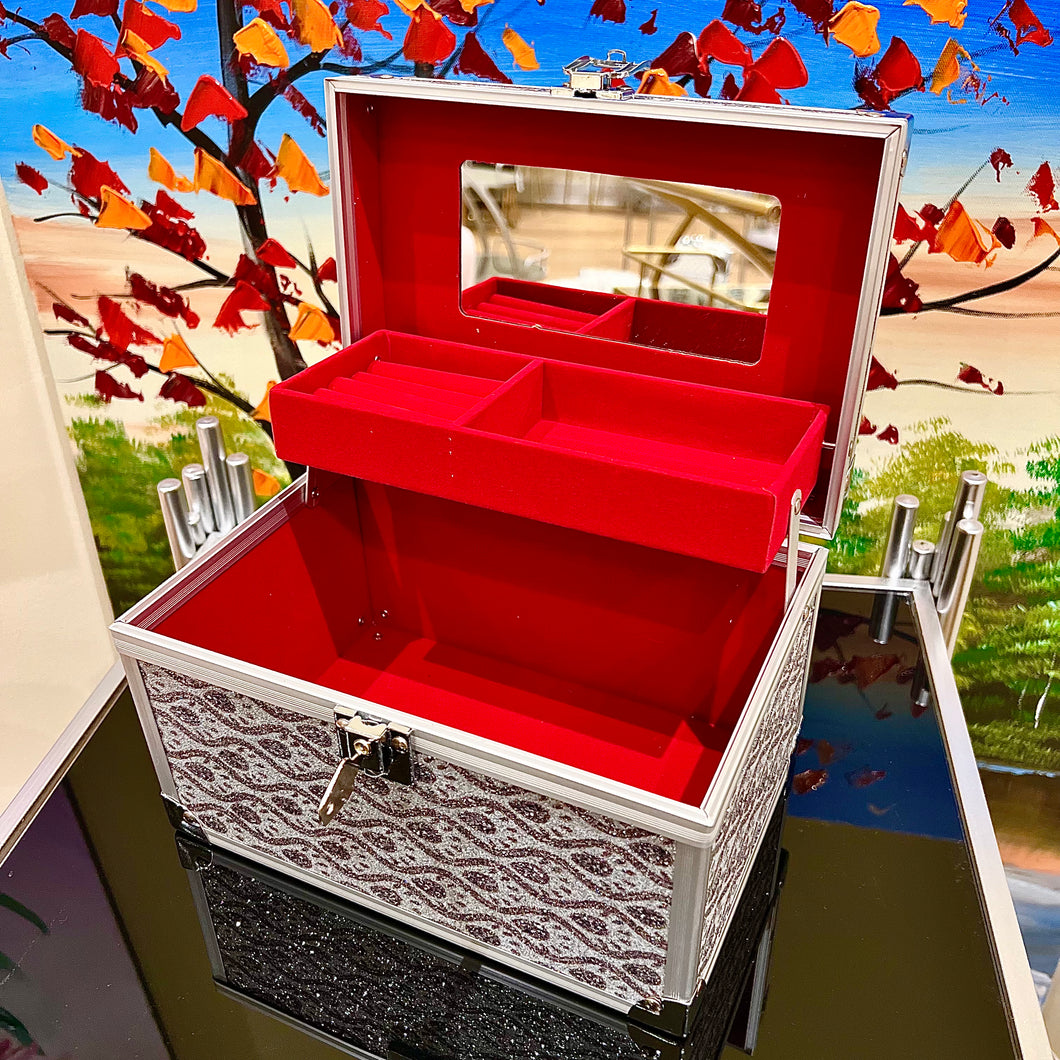 Portable Jewelry Box with Lock Fashion Beauty Suitcase with Lock Aluminum Silver with Shiny Glitter Storage Box Cases