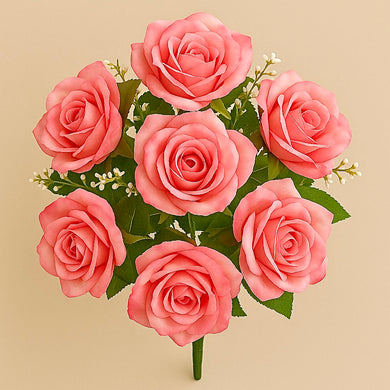 Artificial Roses Flower Bunch Flowers Bouquet Pink Velvet Roses 7 Heads Flower Roses Vase Home Decor Table Top Centre Piece Flower in PINK Colour with Stem