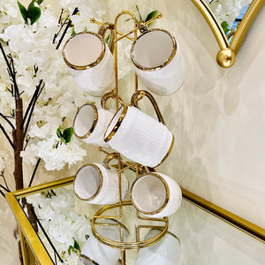 Tea Cups Set of Six with Metal Stand Hot Cold Drink Cups with Cup Holder Ceramic Luxury Looking Coffee Tea Mugs Set 6-Pieces