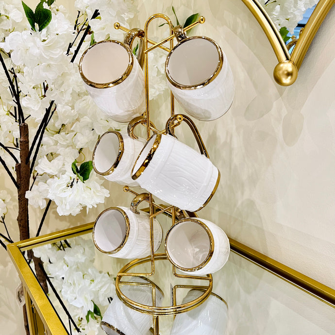 Tea Cups Set of Six with Metal Stand Hot Cold Drink Cups with Cup Holder Ceramic Luxury Looking Coffee Tea Mugs Set 6-Pieces