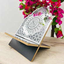 Quran Stand Luxury Upright Silver and Black Wooden Islamic Book Holder with Intricate Arabic Design, Elegant Display for Home or Prayer Corner – Ideal Gift for Ramadan, Eid, Hajj & Umrah