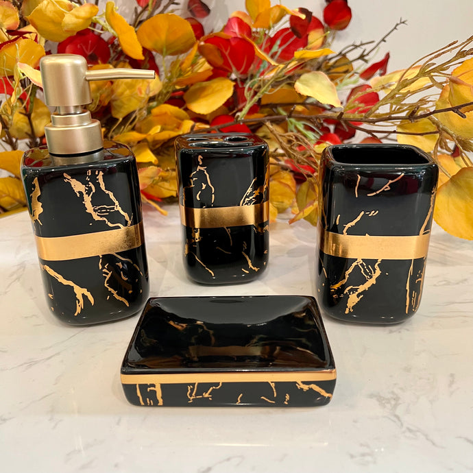 Bathroom Accessories Set, 4 Pieces BLACK with Gold Marble Look Ceramic Bathroom Set with Soap Dispenser, Toothbrush Holder, Toothbrush Cup, Soap Dish