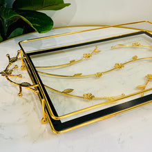 Tray Rectangle Metal Serving Tray Textured and Unique with Gold OR Silver Flowers and Black and Clear Glass