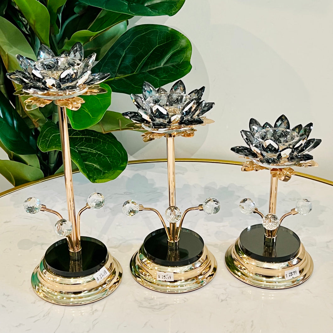 Candle Holder Luxury Crystal Hallow Lotus Decorated for Tabletop in Gold with a Slight of Blue Crystal Shade (ONE PIECE INCLUDED - Select Size Below)