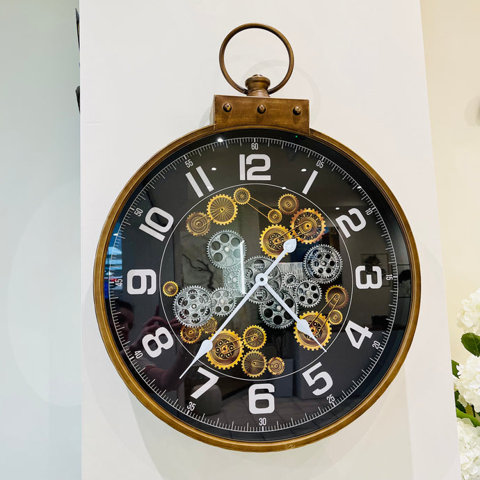Large Wall Clock Metal Rotating Gears Wall Clock in Gold and Black Round Wall Clock for Home Decor, Office, Bedroom Wall Art Decoration