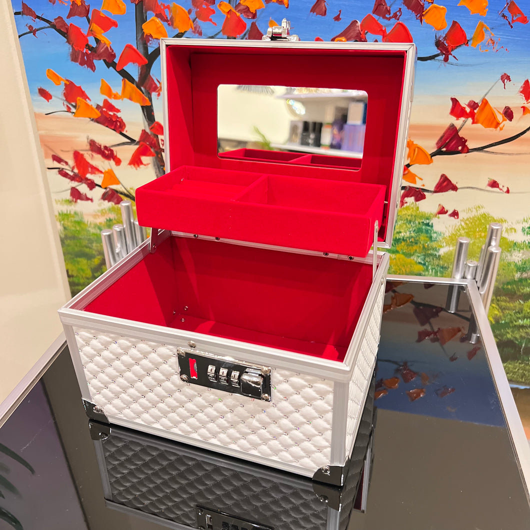 Portable Jewelry Box with Lock Fashion Beauty Suitcase with Lock Silver and White Storage Box Cases