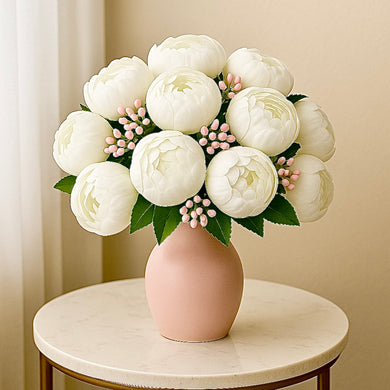 Artificial Peonies Flower Bunch 13 Small Peony Heads Flower Bouquet Silk Floral Bunch in WHITE with Light Pink Fillers Greeneries for Home Decor, Office, Bedroom, Living Room Flowers for Vases