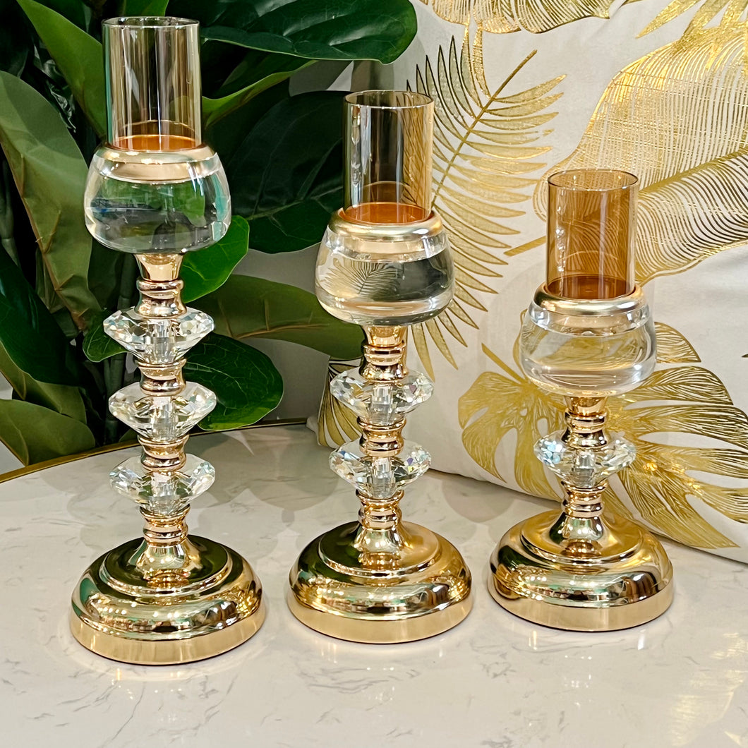 Candle Holder Luxury Crystal Decorated for Tabletop in Gold (ONE PIECE INCLUDED - Select Size Below)