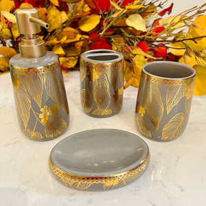 Bathroom Accessories Set, 4 Pieces Ceramic Grey with Gold Bathroom Set with Soap Dispenser, Toothbrush Holder, Toothbrush Cup, Soap Dish