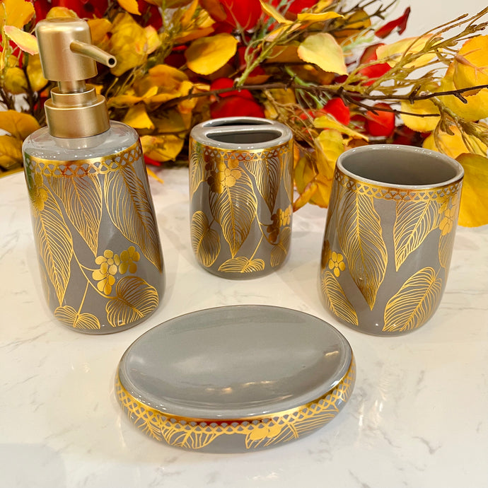 Bathroom Accessories Set, 4 Pieces Ceramic Grey with Gold Bathroom Set with Soap Dispenser, Toothbrush Holder, Toothbrush Cup, Soap Dish