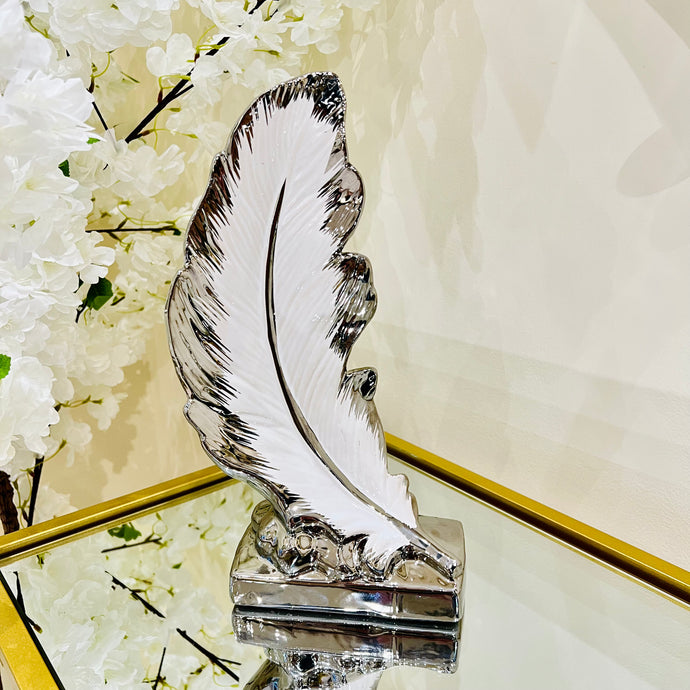 Feather Sculpture Centre Piece in Silver and White Ceramic