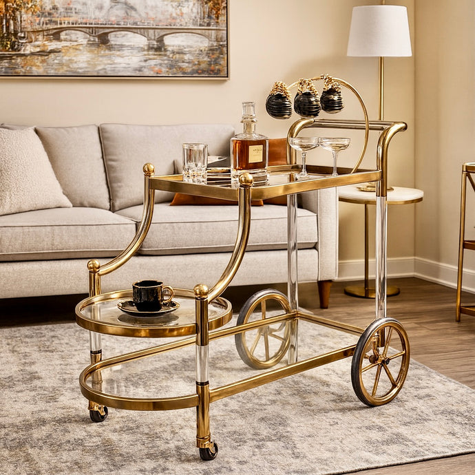 Luxury Gold Serving Cart with Glass Shelves | Stainless-Steel Bar & Tea Trolley