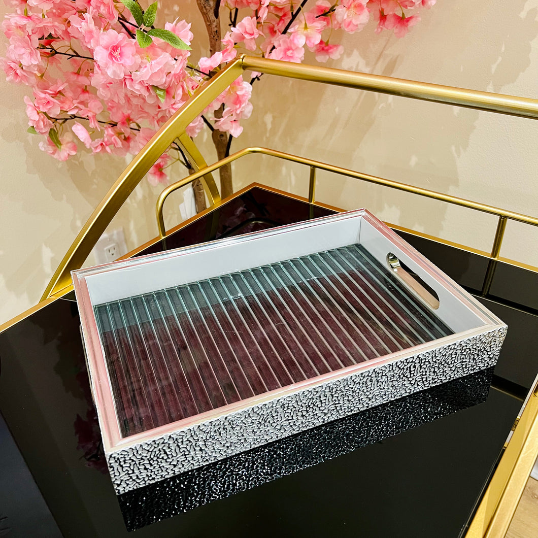 Tray Rectangular White Colour Wood and Glass Serving Tray Storage Tray Available in TWO SIZES Home Decoration Bathroom Decor Living Room Display Tray