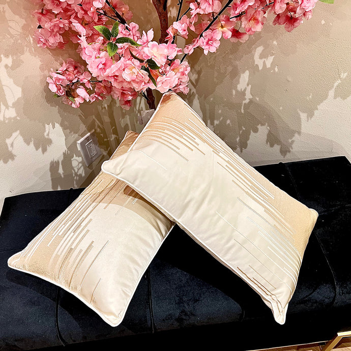Pillow Case with Filler Rectangular Cushion Cover Throw and Pillow Insert in OFF-WHITE Colour and Golden Thin Border - Set of 2 with Zipper