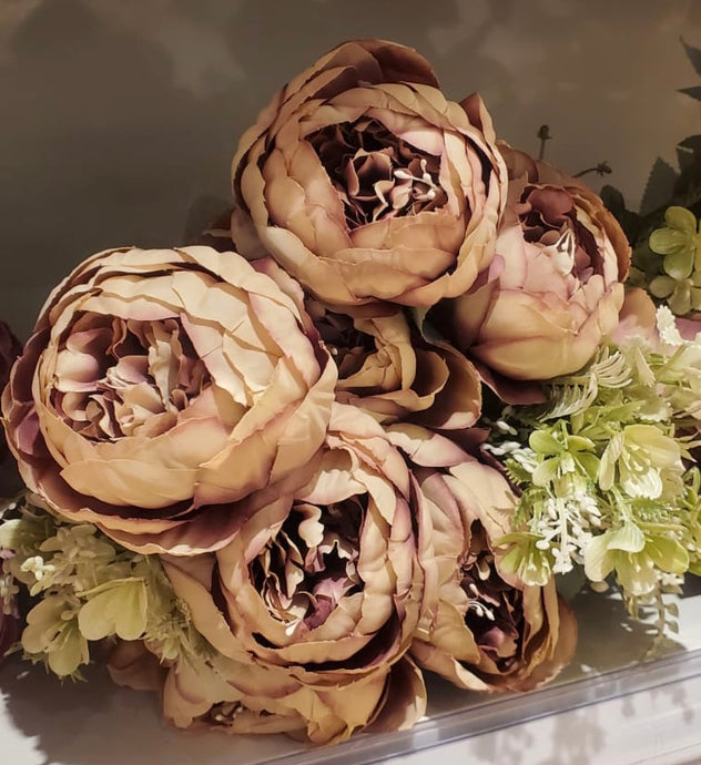 Flower Bunch in BEIGE with PURPLE Shade Flower Bouquet Silk Floral Bunch in with Fillers Greeneries for Home Decor, Office, Bedroom, Living Room Flowers for Vases