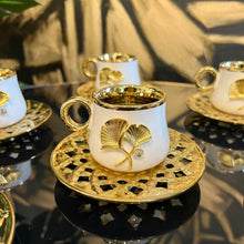 Turkish Coffee Cups Set of Six with Plates Hot Drink Cups with Tray Ceramic Luxury Looking Coffeecup Set 6-Pieces
