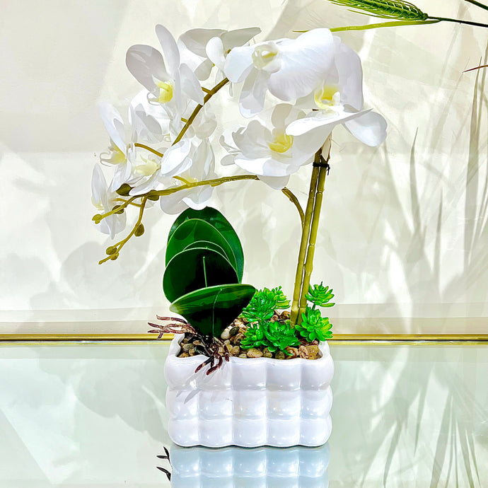 Plant Pot White Artificial Orchid Flower Pot Floral Real Look Plant Real Touch with White Ceramic Flower Planter
