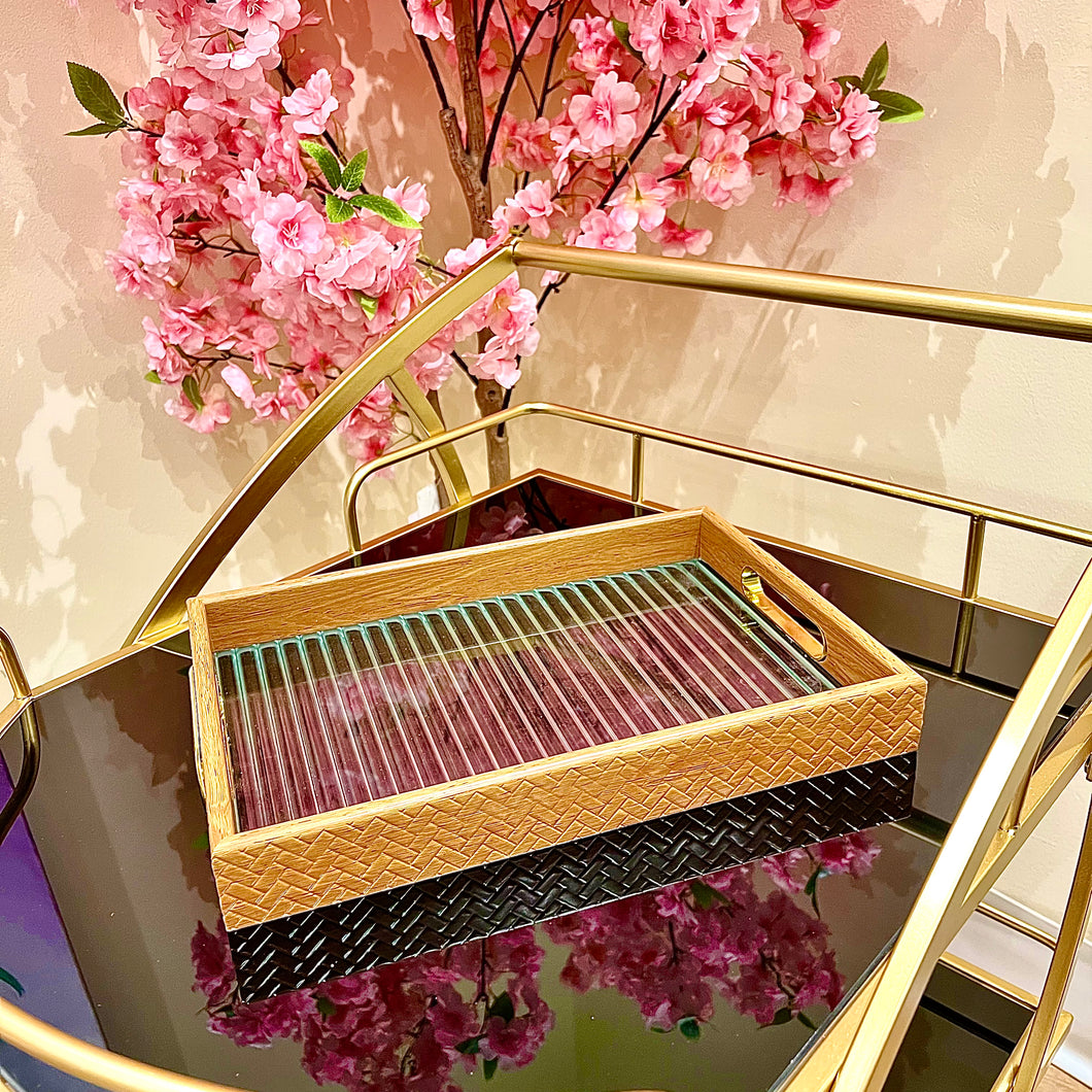 Tray Rectangular Bamboo Brown Colour Wood and Glass Serving Tray Storage Tray Available in TWO SIZES Home Decoration Bathroom Decor Living Room Display Tray