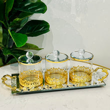 3-Pieces Glass Jars Set with Crystal Lid and Metal Handle Tray Included Decorated Storage Jars Set Gold OR Silver Organizers High Quality for Kitchen, Bedroom or Living Room Use