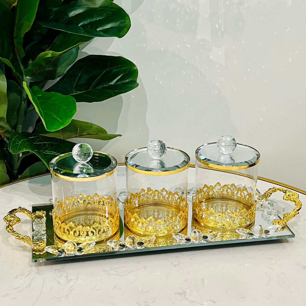 3-Pieces Glass Jars Set with Crystal Lid and Metal Handle Tray Included Decorated Storage Jars Set Gold OR Silver Organizers High Quality for Kitchen, Bedroom or Living Room Use
