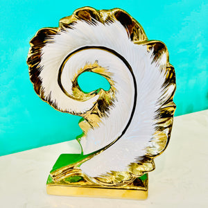 Sculpture Feather Centre Piece in Gold and White Ceramic