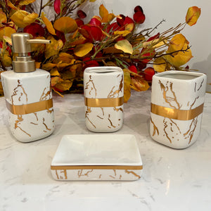 Bathroom Accessories Set, 4 Pieces WHITE with Gold Marble Look Ceramic Bathroom Set with Soap Dispenser, Toothbrush Holder, Toothbrush Cup, Soap Dish