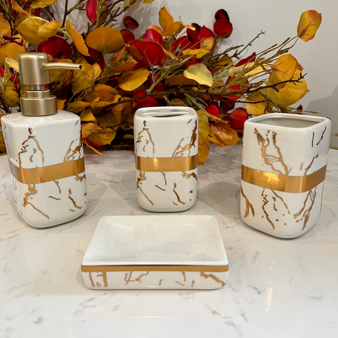 Bathroom Accessories Set, 4 Pieces WHITE with Gold Marble Look Ceramic Bathroom Set with Soap Dispenser, Toothbrush Holder, Toothbrush Cup, Soap Dish