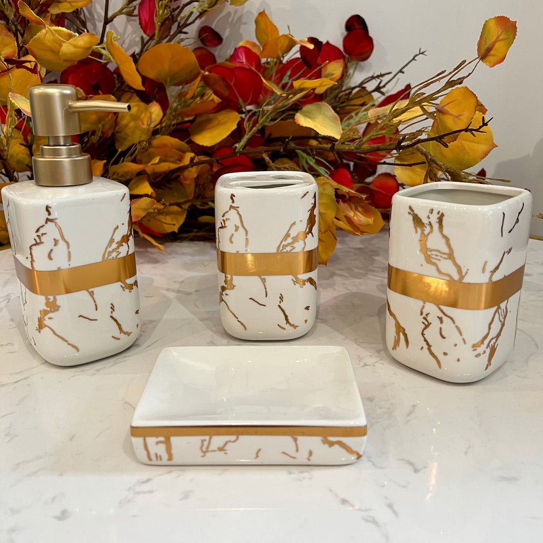 Bathroom Accessories Set, 4 Pieces WHITE with Gold Marble Look Ceramic Bathroom Set with Soap Dispenser, Toothbrush Holder, Toothbrush Cup, Soap Dish