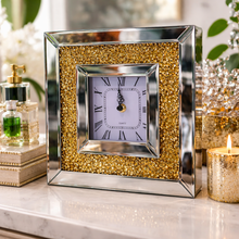 Tabletop Clock Luxury Mirrored – Crushed Crystal Square Clock with Roman Numerals in Silver or Gold – Elegant 10" x 10" Decorative Accent for Home or Office