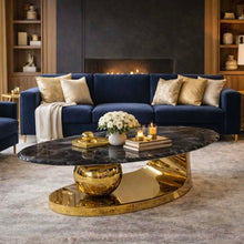 Luxury Black Marble Coffee Table with Gold Base | Modern Oval Stainless-Steel Design