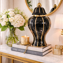 16" Ginger Jar in Gold and Black Ceramic Flower Vase with Lid – Large Decorative Centrepiece for Living Room and Kitchen Décor