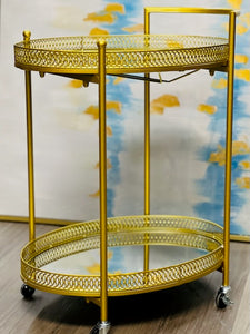 Cart Tray Modern Rolling 2-tier Cart in Gold with Mirrors Two Shelf Lockable Wheels with Handle