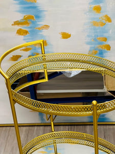 Cart Tray Modern Rolling 2-tier Cart in Gold with Mirrors Two Shelf Lockable Wheels with Handle