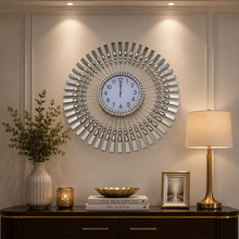 Wall Clock SILVER with Mirrors Handcrafted Decorative Steel & Crystal Modern Silent Move Wall Clock