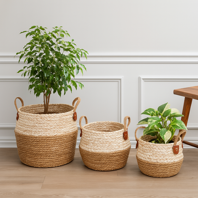Woven Planter Storage Bin, Indoor Decor Plant Basket Off-white Plant Holder Round Beige Tree Pot for Home, Office Decor, Available in Three Sizes (One Piece Included)