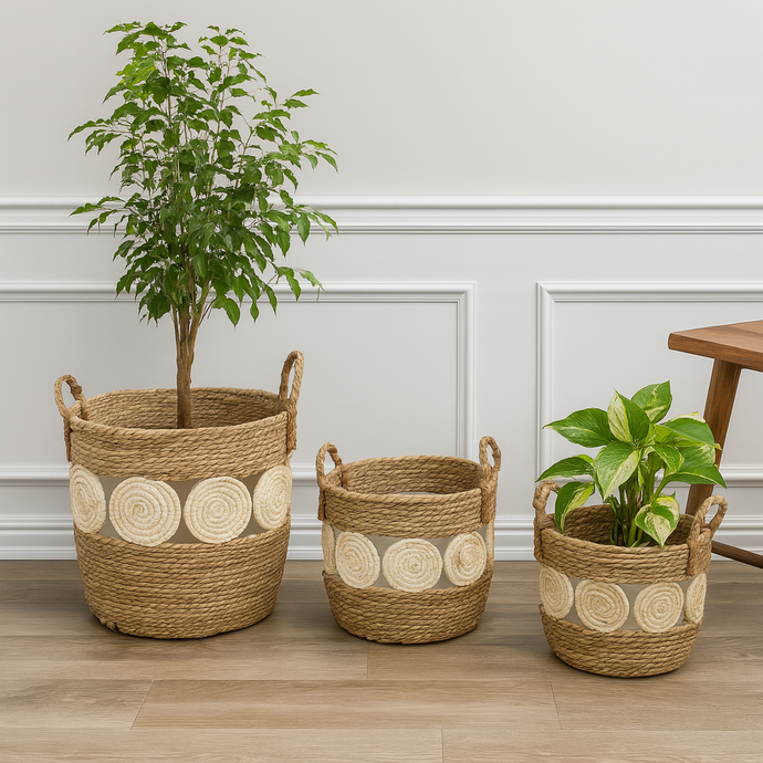Woven Planter Storage Bin, Indoor Decor Plant Basket Brown Plant Holder Round Beige Tree Pot for Home, Office Decor, Available in Three Sizes (One Piece Included)