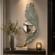 Modern Metal Feather Wall Art with Mirror – 46" x 16.5" Decorative Accent Piece, Gold & Teal Leaf Design for Living Room, Entryway, Bedroom