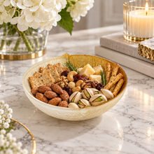 Decorative Bowl Handmade Textured Glass Bowl – Half White & Gold with Gold Rim, Luxury Centerpiece Bowl for Coffee Table, Dining Table & Home Décor, Food Serving Bowl, Fruit Tray, Snack Plate, 6” Diameter x 2” H