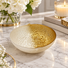 Decorative Bowl Handmade Textured Glass Bowl – Half White & Gold with Gold Rim, Luxury Centerpiece Bowl for Coffee Table, Dining Table & Home Décor, Food Serving Bowl, Fruit Tray, Snack Plate, 6” Diameter x 2” H