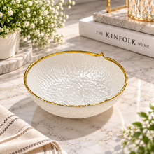 Decorative Bowl Handmade White Textured Glass Bowl with Gold Rim – Small Luxury Centerpiece Bowl for Coffee Table, Dining Table, Console & Modern Home Décor, Food Serving Bowl, Fruit Tray, Snack Plate, 6” Diameter x 2” H