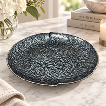 Decorative Platter Handmade Blue Textured Glass Plate with Silver Rim – Large Luxury Centerpiece Dish for Coffee Table, Dining Table, Console & Modern Home Décor, Food Serving Dish, Fruit Tray, Snack Plate, 13” Diameter