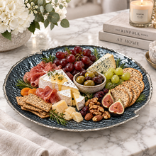 Decorative Platter Handmade Blue Textured Glass Plate with Silver Rim – Large Luxury Centerpiece Dish for Coffee Table, Dining Table, Console & Modern Home Décor, Food Serving Dish, Fruit Tray, Snack Plate, 13” Diameter