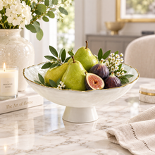 Decorative Fruit Bowl Handmade White Textured Glass Bowl with Gold Rim – Large Luxury Centerpiece Bowl for Coffee Table, Dining Table, Console & Modern Home Décor, Food Serving Bowl, Fruit Tray, Snack Plate, 10.5” Diameter x 5.5” H