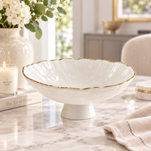 Decorative Fruit Bowl Handmade White Textured Glass Bowl with Gold Rim – Large Luxury Centerpiece Bowl for Coffee Table, Dining Table, Console & Modern Home Décor, Food Serving Bowl, Fruit Tray, Snack Plate, 10.5” Diameter x 5.5” H