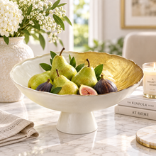 Decorative Fruit Bowl Handmade Textured Glass Bowl – Half White & Gold, Luxury Centerpiece Bowl for Coffee Table, Dining Table & Home Décor, Food Serving Bowl, Fruit Tray, Snack Plate, 10.5” Diameter x 5.5” H