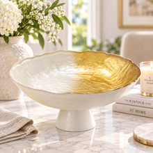 Decorative Fruit Bowl Handmade Textured Glass Bowl – Half White & Gold, Luxury Centerpiece Bowl for Coffee Table, Dining Table & Home Décor, Food Serving Bowl, Fruit Tray, Snack Plate, 10.5” Diameter x 5.5” H