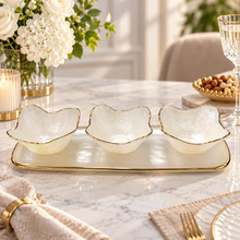 3-Piece Handmade Glass Serving Bowl Set with Matching Tray – Pearl White with Gold Rim Snack Bowls with Tray for Nuts, Candy, Appetizers & Entertaining