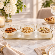 3-Piece Handmade Glass Serving Bowl Set with Matching Tray – Pearl White with Gold Rim Snack Bowls with Tray for Nuts, Candy, Appetizers & Entertaining